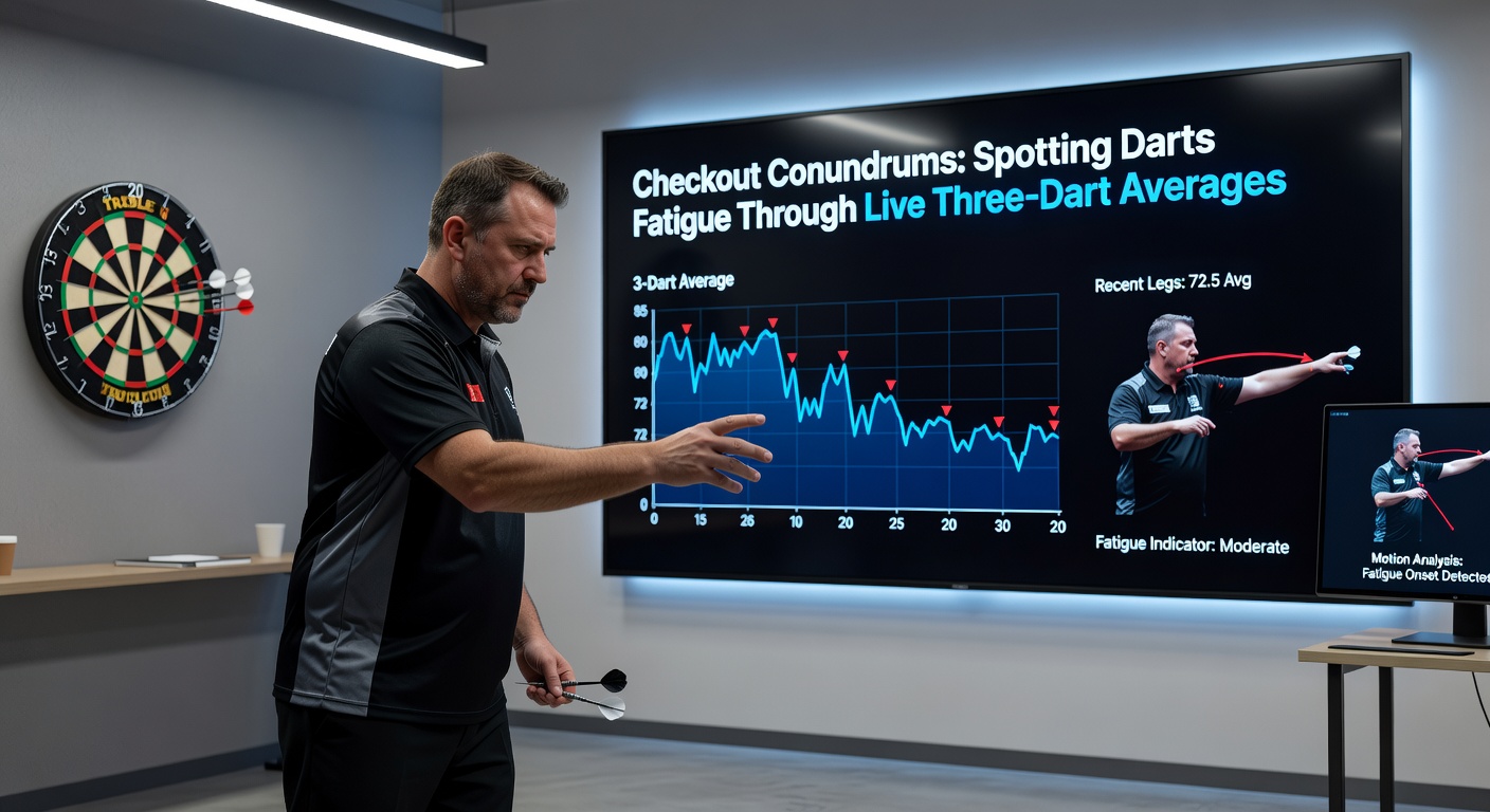 Darts-Spieler am Board während eines intensiven Checkout-Versuchs, mit Fokus auf Präzision und Konzentration