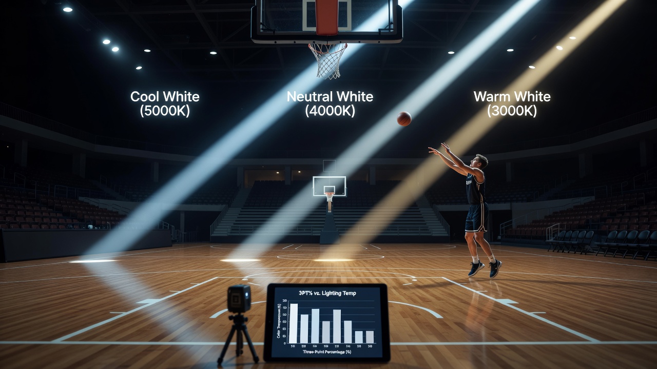 Nahaufnahme eines Basketballkorbs unter künstlichem Licht mit Fokus auf Schatten und Helligkeit