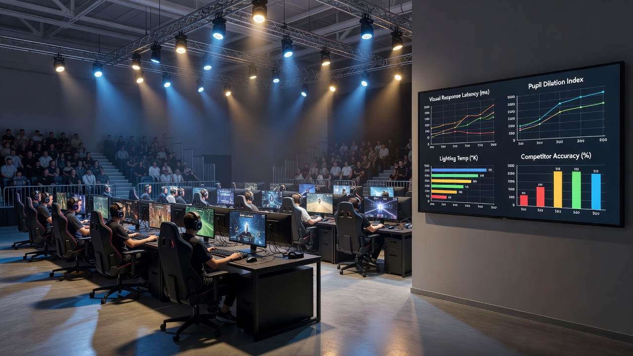 Detailaufnahme von Athleten bei einem Indoor-Wettkampf unter variierenden Lichtbedingungen mit Fokus auf visuelle Reaktionen