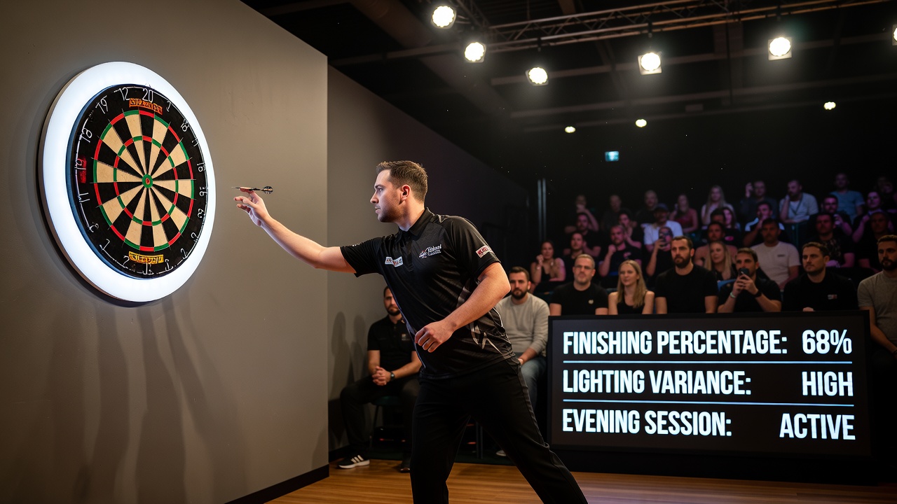 Nahaufnahme einer Dart-Scheibe unter variabler LED-Beleuchtung mit sichtbaren Schatten und Kontrastunterschieden während einer Abend-Session